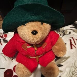 Classic Brown Bear Plush in Red Coat and Green Hat